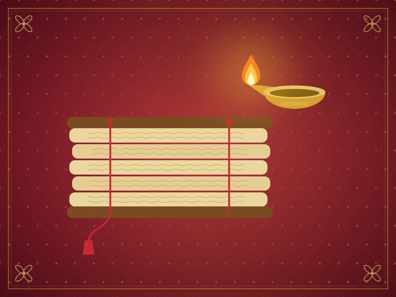 சிறிய பித்தளை விளக்கின் அருகே ஓலைச்சுவடி — சிவப்பு பொன்னிற ஓவியம்