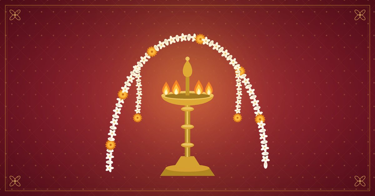 சிவப்பு, பொன்னிறப் பின்னணியில் குத்துவிளக்கும் மல்லிகைப் பூ மாலை வளைவும் கொண்ட ஓவியம்